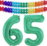 Folat Verjaardag Leeftijd folieballon - 65 jaar - groen - 86 cm - cijferballon groot - incl 2x feestslingers