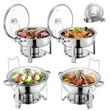 VEVOR 4 stuks 4,7 l theelichtjes, rond verwarmd dressoir, roestvrijstalen kooktoestel, met 4 containers in volledige grootte en glazen deksel, voor buffet met gratis bediening hotel, catering, zilverkleurig