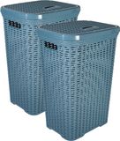 Hega Hogar Panier à linge avec couvercle Rotin - 2x - bleu denim - plastique tressé - 60 litres - 34 x 43 x 62 cm