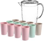 Secret de Gourmet Jja Showroom And Head Office Stevige sapkan/water/schenkkan karaf met deksel 2 liter set met 12x kunststof multicolor drinkglazen 200 ml