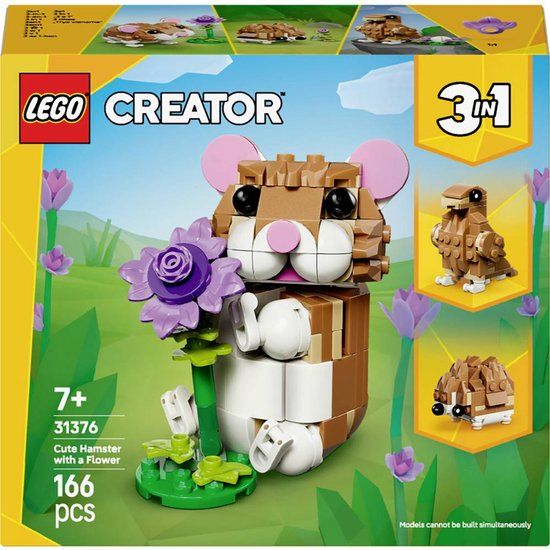 LEGO Creator 3-in-1 De schattige hamster en de bloem – dierenfiguur verandert in een adelaar of egel – doe-het-zelf interieurdecoratie-idee – verjaardagscadeau meisjes of jongens vanaf 7 jaar 31376