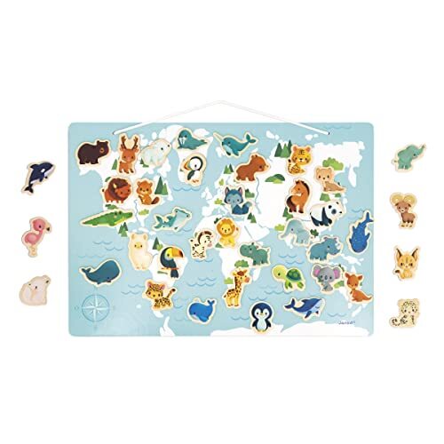 Janod Puzzel van de wereld Minikids-40 magneten van hout FSC-1 poster inclusief educatief spel magneten baby's dieren vanaf 24 maanden, J05468, meerkleurig