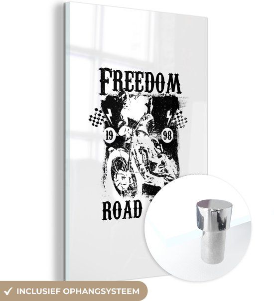 MuchoWow® Glass Painting 120x180 cm - Acrylic Glass Painting - Quote "Freedom road rage" with retro illustration of a motorcycle in white - Photo on glass - Paintings