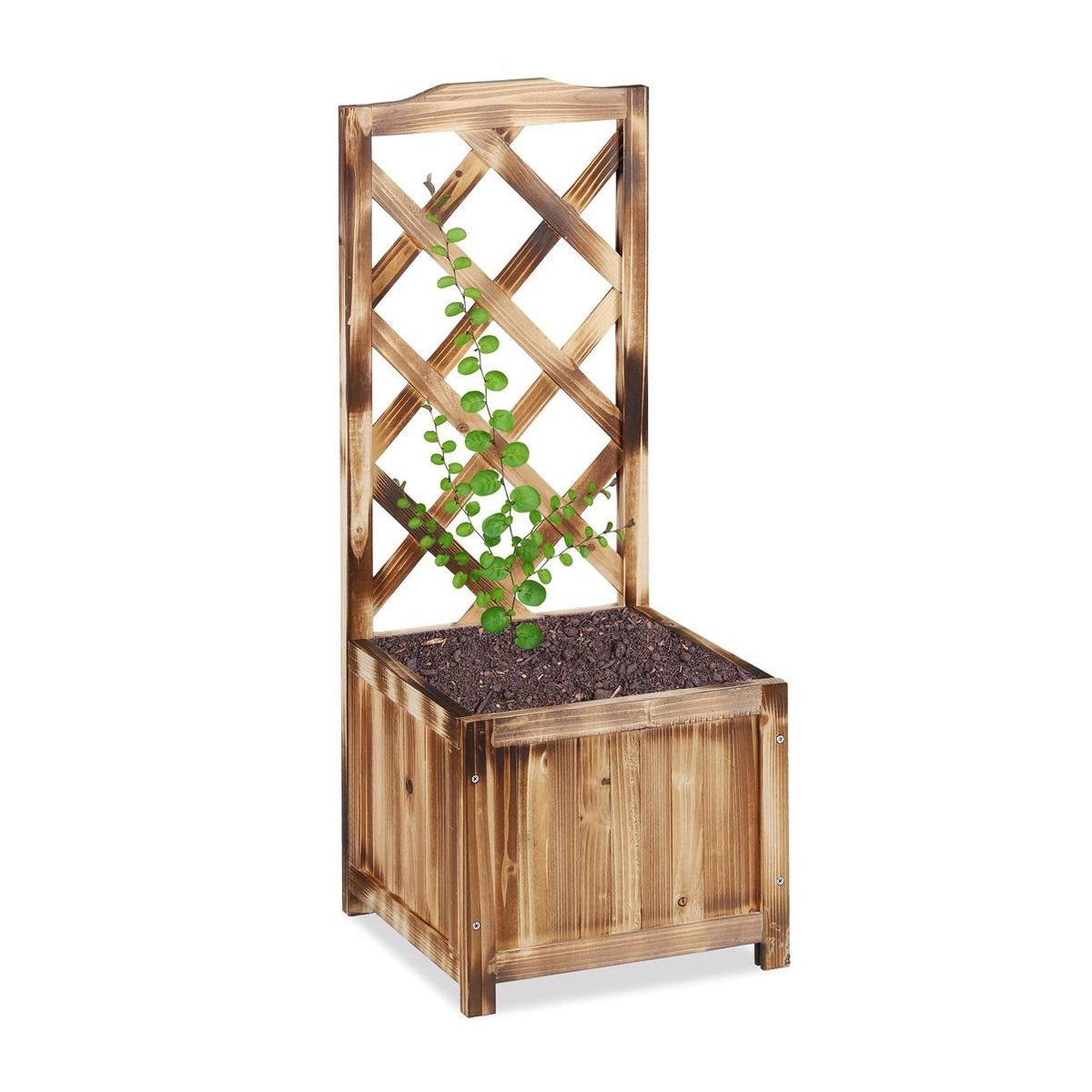 Relaxdays plantenbak met klimrek - bloemebak - voor klimplanten - met trellis- gevlamd - M