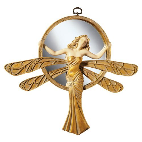 Design Toscano Libelle Art Deco wandspiegel sculptuur, 33 cm, polyhars, goud en ivoor