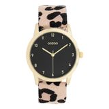 OOZOO Timepieces - Goudkleurig dames polshorloge met bruin/gele leren band - C11373