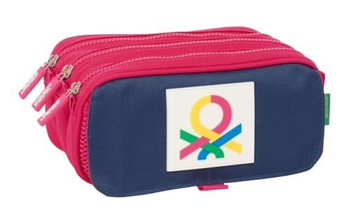 Safta Benetton Cherry Etui met 3 vakken, voor kinderen, ideaal voor kinderen op schoolleeftijd, comfortabel en veelzijdig, kwaliteit en duurzaamheid, 21,5 x 8 x 10 cm, kersen/marineblauw, M, Casual