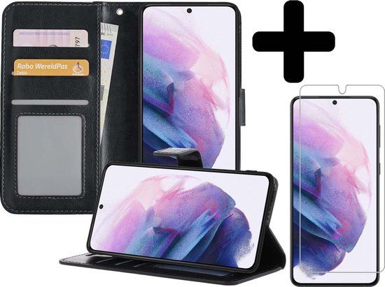 LUQ Book Case Hoesje voor Samsung Galaxy S21 - Zwart - Book Case, Kunstleer, Siliconen - Met Screenprotector