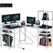 Bureau d'angle en L avec station de charge, poste informatique avec support écran et étagères, pour bureau à domicile, blanc