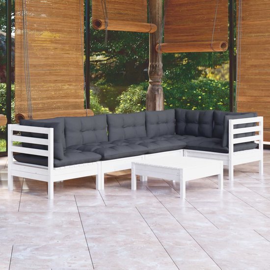 The Living Store Loungeset - Grenenhout - Wit - 63.5 x 63.5 x 62.5 cm - Inclusief kussens