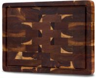 SOPHIOR Planche à découper en bois Acacia bout de bois - 35x25x3,2 cm - Avec gouttière à jus et poignées