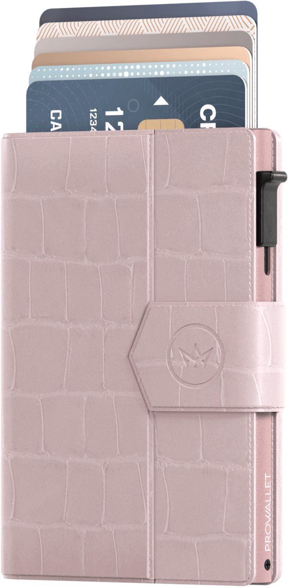 Prowallet Plus - Croco Zachtroze - Pasjeshouder voor 8 pasjes, briefgeld en muntgeld - Uitschuifbaar - RFID Creditcardhouder - Kaarthouder Portemonnee, Premium Pashouder voor Vrouwen - Aluminium, Kunstleer - Incl. Luxe Cadeaubox