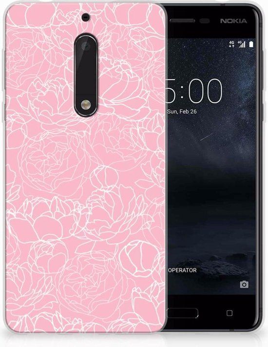 Nokia 5 TPU Hoesje Design White Flowers - Back Cover - TPU - Multi, Roze