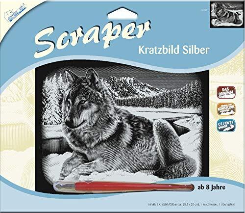 Mammut Spiel & Geschenk Mamut 137011 Krabafbeelding, motief wolf, zilver, glanzend, dwars, complete set met krabmes en oefenblad, schraper, krabbelset, voor kinderen vanaf 8 jaar