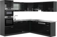 Vicco Hoekkeuken R-Line, Zwart hoogglans/Antraciet, 247 x 237 cm, WB Marmer