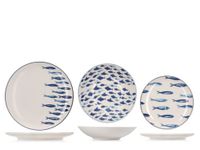 H&H Ionic 18-delige Serviesset van Gedecoreerd Steengoed voor 6 Personen, Maritiem Design met Blauwe Vissen