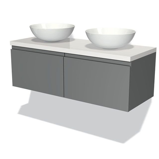 Maxaro Badkamermeubel Modulo Plato 120cm Middengrijs 2 Lades Greeploos Hoogglans Wit Blad