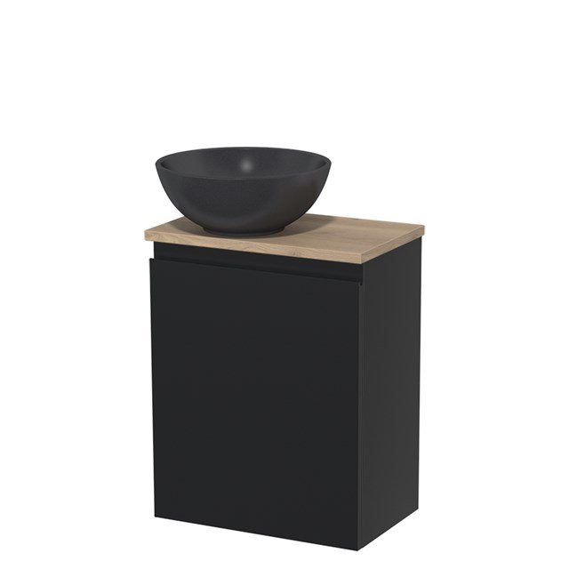 Maxaro Toiletmeubel met Waskom Quartz Modulo Mat Zwart Greeploos 41 cm Lichtbruin Eiken Blad