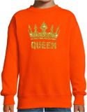 Bellatio Decorations Shoppartners Bv Oranje Koningsdag - gouden glitter - Queen sweater / trui - kinderen - Oranje Koningsdag kleding - met gouden print 106/116 (5-6 jaar)