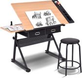 Wan GmbH Table à dessin avec tabouret, table d'architecte, réglable en hauteur, bureau inclinable, bureau d'école avec 2 tiroirs et grand plateau de table, table de travail pour architectes et artistes