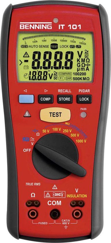 Benning IT 101 Isolatiemeter - 20 GΩ - 50 V, 100 V, 250 V, 500 V, 1000 V