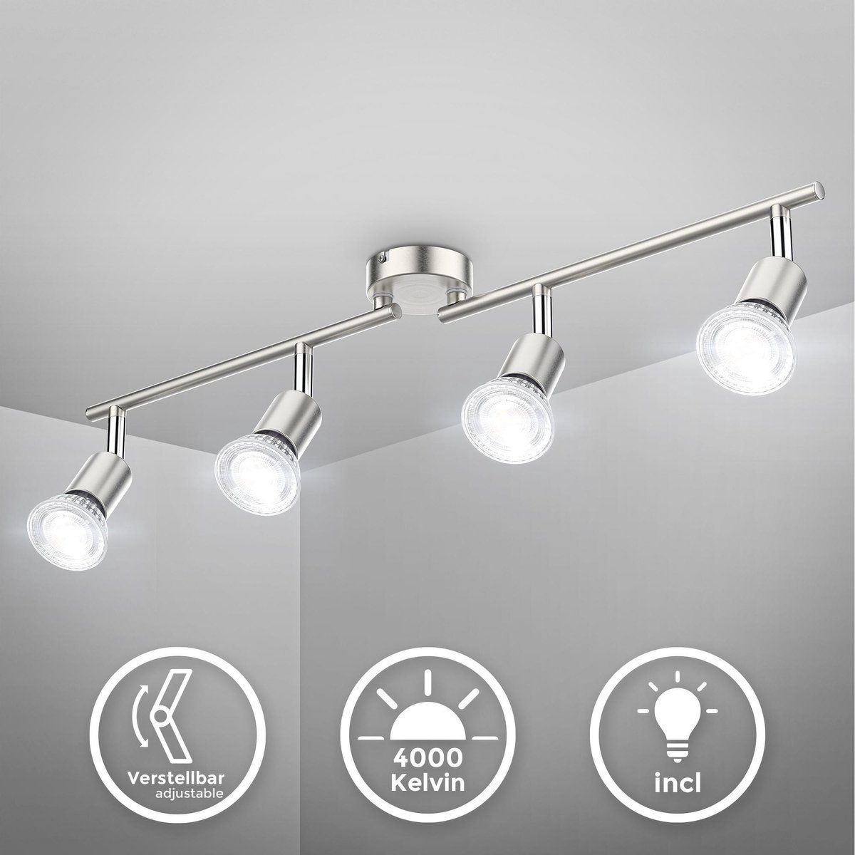 B.K.Licht - LED Opbouwspots - 4 x GU10 - 4000K - 400Lm - Metaal - Mat Nikkel