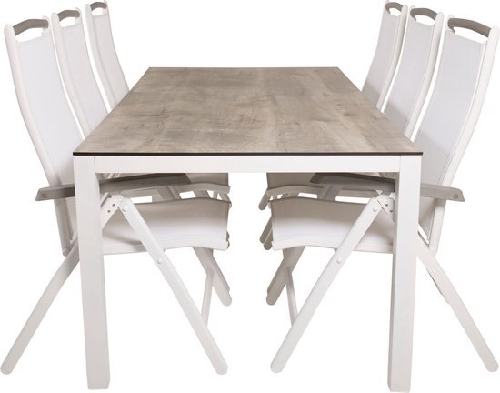 Llama tuinmeubelset tafel 100x205cm en 6 stoel 5posalu Albany wit, grijs, cr&#232;mekleur.
