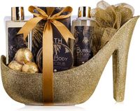 accentra - Women's Vanilla-Almond Scent Gift Set - Luxe Beauty Set met douchegel, badzout, bodylotion, scrub & net spons etc. - 9-delige badset voor vrouwen met glitter keramische stiletto
