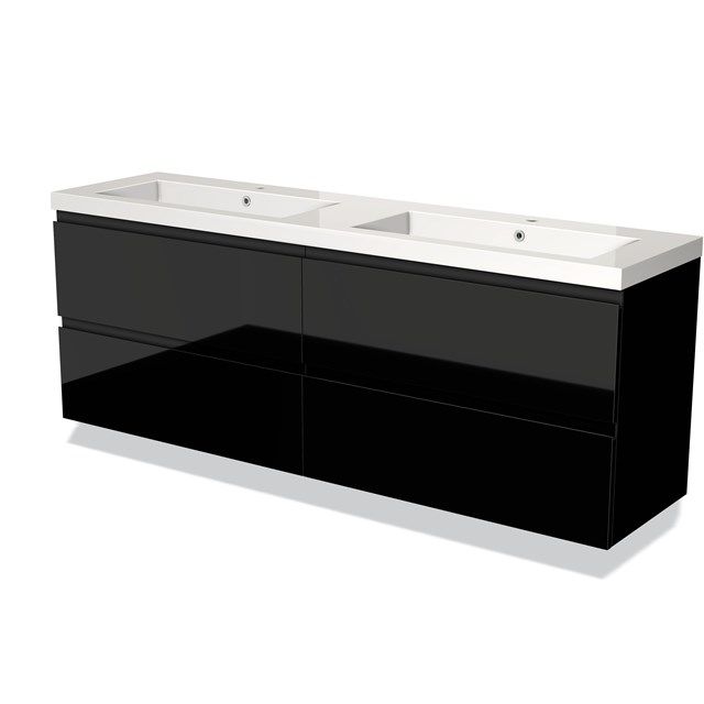 Maxaro Badkamermeubel 180cm Modulo Hoogglans Zwart 4 Lades Greeploos Wastafel Mineraalmarmer
