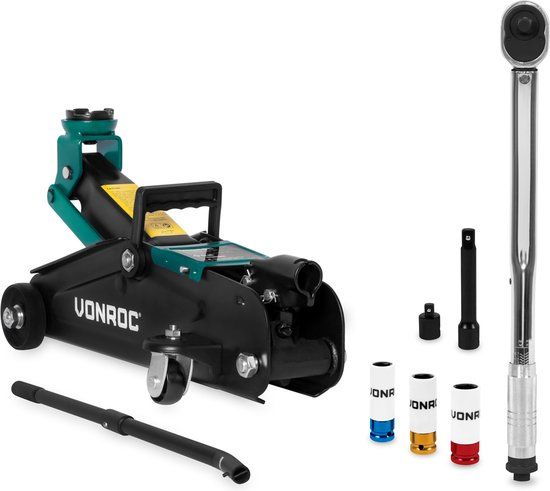 VONROC Bandenwisselset – Autokrik 2000 kg – Momentsleutel ½” – Incl. 3-delige doppenset
