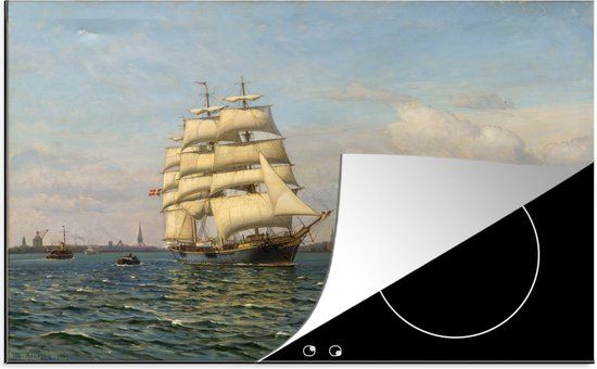 KitchenYeah® Inductie beschermer 77x51 cm - Schoolschip Georg Stage verlaat de haven van Kopenhagen - Schilderij van Vilhelm Arnesen - Inductie kookplaat accessoire - Multicolor