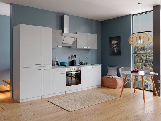 Complete Kitchen 300 cm Malia - White/Concrete - Soft Close - Ceramic Hob - Extractor Hood - Oven - Sink