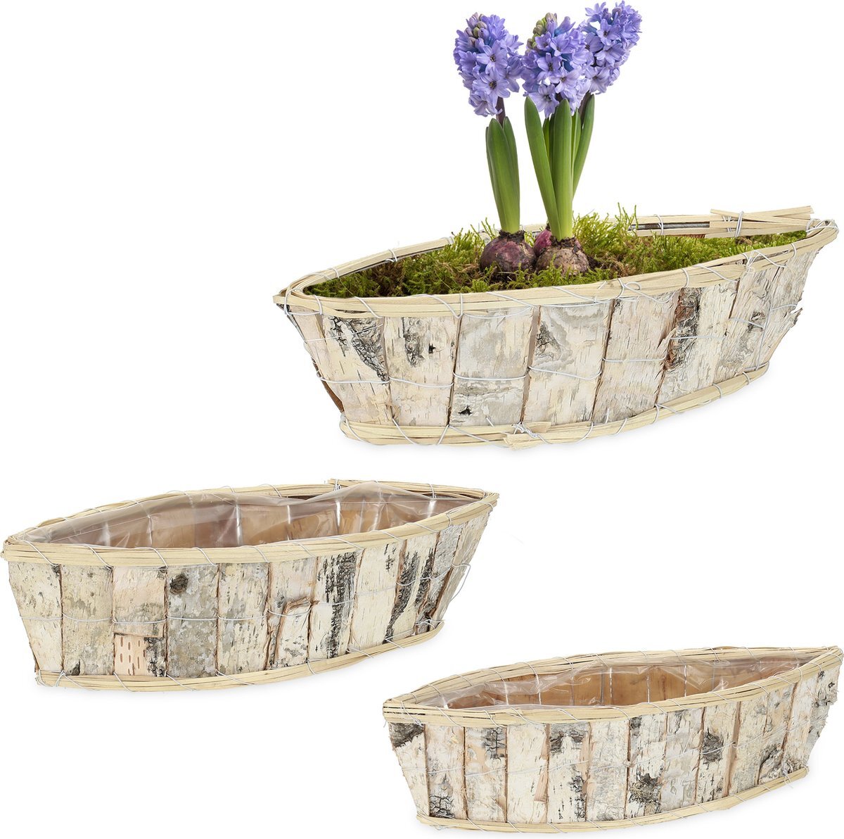 Relaxdays plantenbak - set van 3 - bloempot - hout - folie - plantenpot - wit/naturel