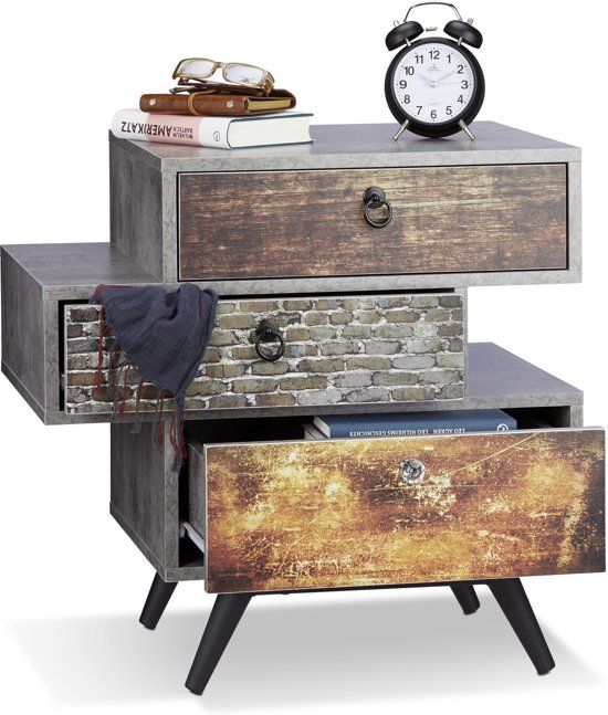 Relaxdays Vintage Ladekast - 3 Lades - Retro - Beton-look - Dressoir - Shabby Commode