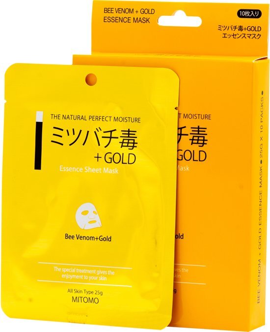 Mitomo Gold & Bee Venom Sheet Mask Japanse Gezichtsmasker Gezichtsverzorging Huidtextuur verbeterend Collageen opbouwend Waardevolle voedingstoffen voor een liftend effect
