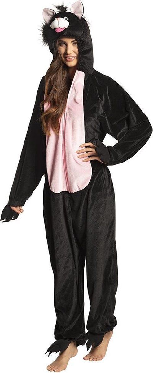 Boland Volwassenenkostuum Kattenonesie Pluche Zwart/roze Maat XL/XXL