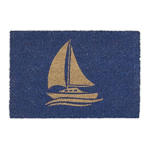 Relaxdays Deurmat Kokos, met Zeilboot, Kokosmat Binnen & Buiten, Nautische Droogloopmat, BxD: 60x40 cm, Blauw/Natuur