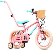 Sun Baby Kinderfiets 14 Inch LOVEL Fiets voor Meisje 3-5 Jaar, Max 50 kg - zijwieltjes, mandje, bel, kettingkast, duwstang - Roze-Muntgroen