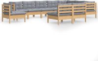 vidaXL 10-delige loungeset met grijze kussens van massief grenenhout