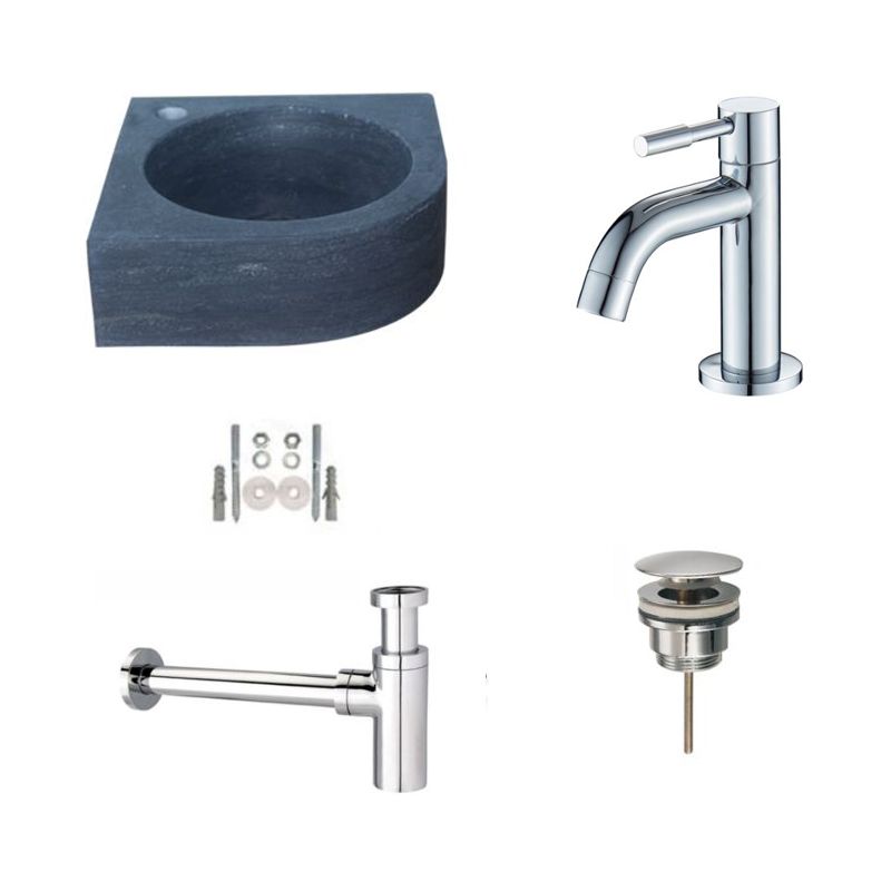 Badkamerplanet Natuursteen Fonteinset Rione 30x30x10 cm met Elba Fonteinkraan, Afvoer en Sifon Chroom