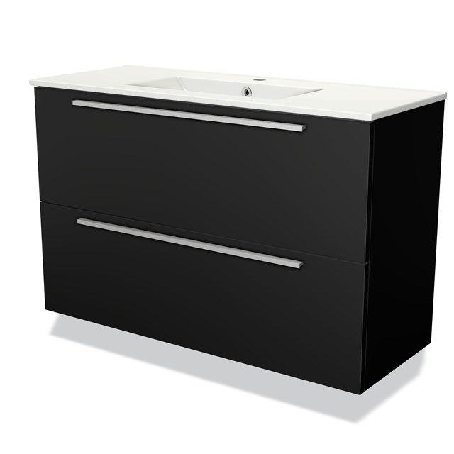 Maxaro Badkamermeubel 100cm Modulo Slim Mat Zwart 2 Lades Vlak Wastafel Keramiek
