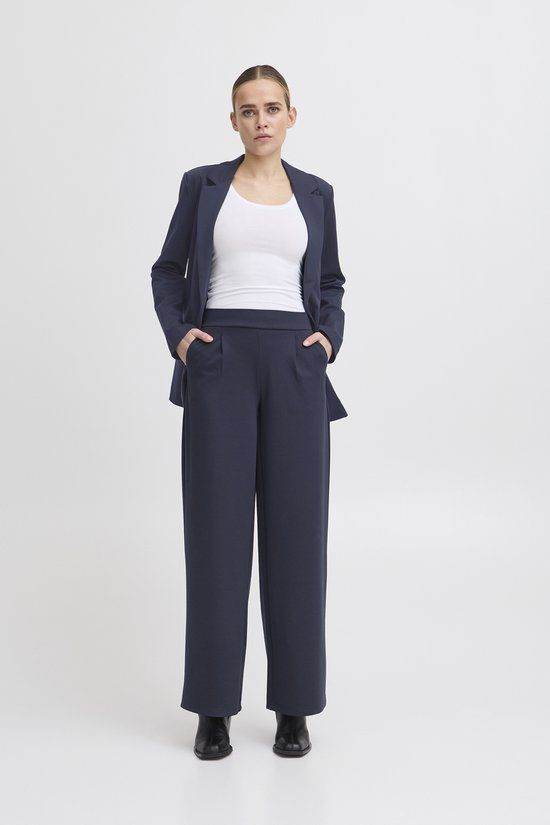 ICHI - Broek met wijde pijpen, model 'KATE' - Total Eclipse - Maat L (40) - Vrouwen