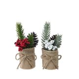 Decoris Arrangement de Noël en pot de jute avec baies blanc/rouge ø5xh15cm 2 assortis