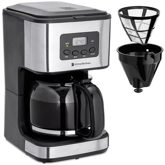 KitchenBrothers Koffiezetapparaat - Filterkoffie - BPA Vrij - 1,5 Liter Glazen Kan voor 12 Koppen Koffie - Timerfunctie - LCD-display - Zwart/RVS