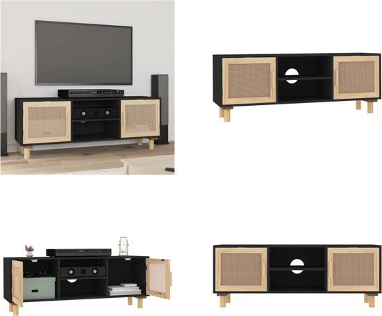 vidaXL Tv-meubel 105x30x40 cm massief grenenhout en rattan zwart