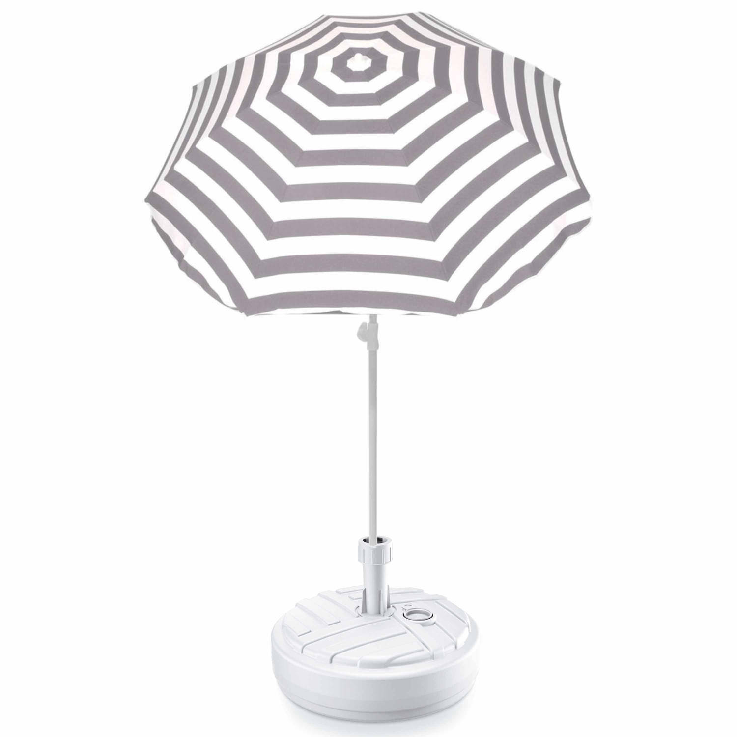 Summertime Grijs gestreepte lichtgewicht strand/tuin basic parasol van nylon 180 cm + vulbare parasolvoet wit van plastic