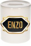 Bellatio Decorations Spaarpot met voornaam Enzo - wit - met goud/zwart embleem - 8 x 9 cm - keramiek - met afsluitdop - cadeau verjaardag