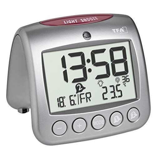 TFA Digitale draadloze wekker met temperatuur SONIO 2.0, 60.2559.54, twee wekalarmen, weergave binnentemperatuur/weekdag/datum, zilver, (L) 112 x (B) 98 x (H) 98 mm