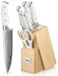Set de couteaux cuisine - 7 pièces avec bloc à couteaux en bois - Acier inoxydable - Manche blanc - Bloc auto-affûtant