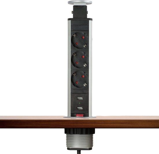 DELIGHT - Pop-Up Tafelblad Stekkerdoos - 3 Stopcontacten, 2x USB - Zilver